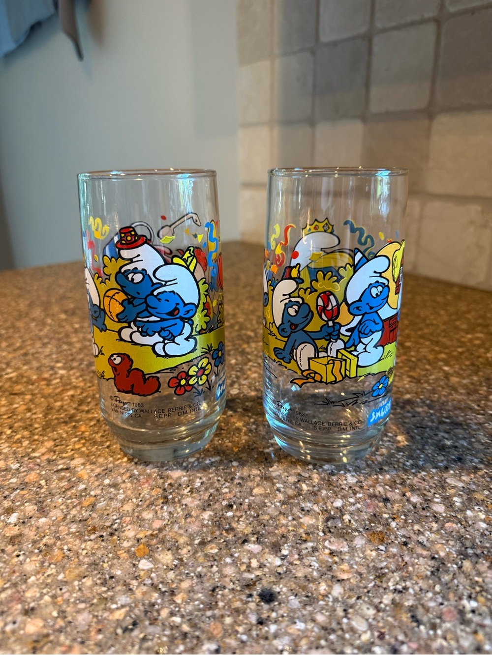Vintage Smurfs Glasses Set - Colorful Cartoon Graphics